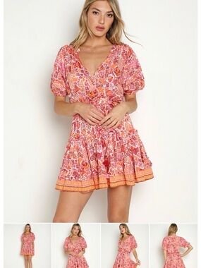 Poupette St. Barth Pink and Orange Floral V-Neck Tiered Mini Dress